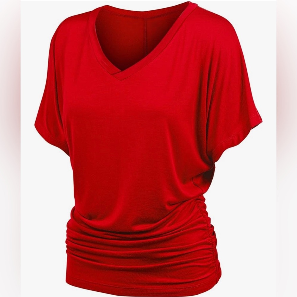 Women's Solid Short Sleeve Boat Neck V Neck Dolman Top with Side Shirring - Picture 2 of 5